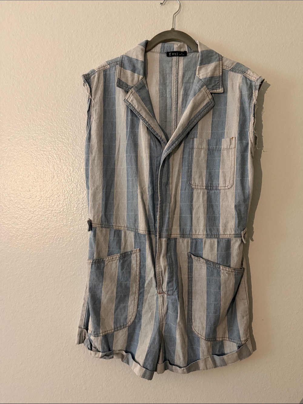 Very J Blue and Cream Striped Sleeveless Romper